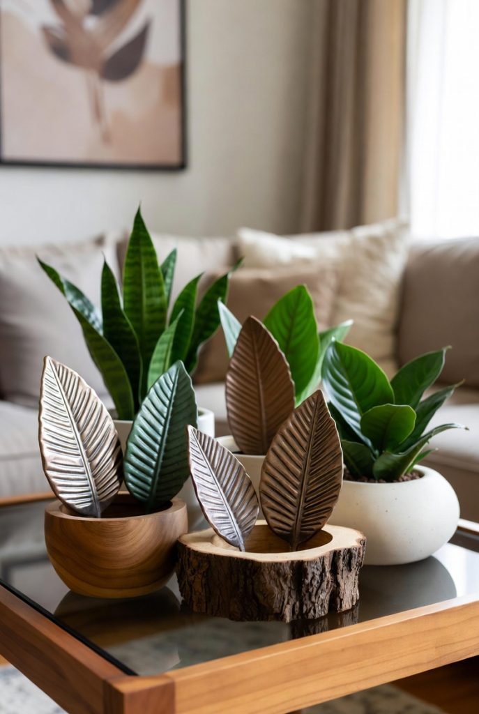 Stylish leaf decor featuring metallic and ceramic leaf accents in planters on a modern coffee table, ideal leaf decor gifts for home.