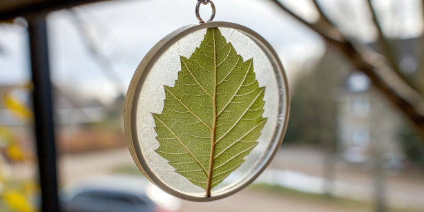 Hanging preserved dried leaf art.