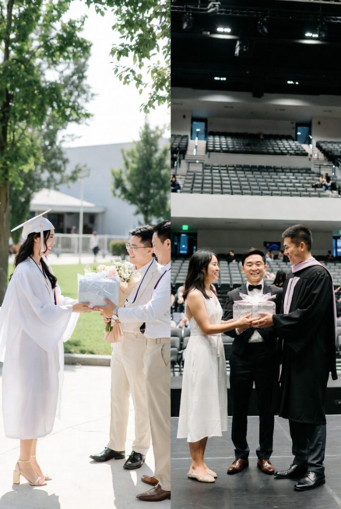 Joyful white female graduate in cap and gown receives wrapped gift from proud parents on sunny campus, perfect graduation present ideas moment.