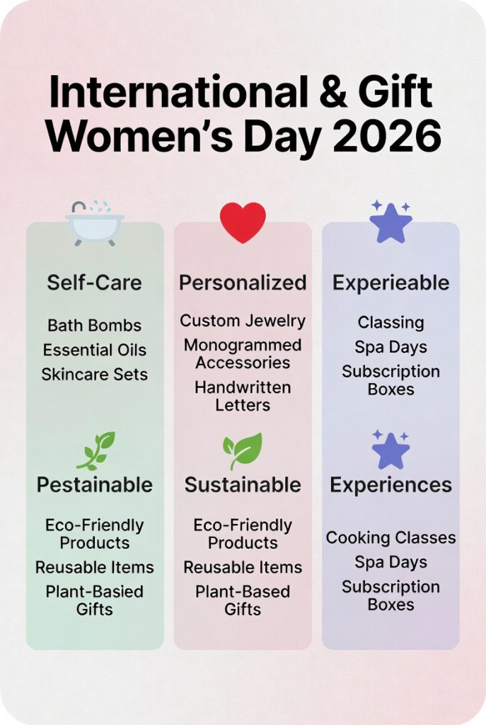 Elegant vertical card-style comparison of International Women's Day 2026 gift categories with price badges, icons, and photos: self-care, personalized, sustainable, experiences.
