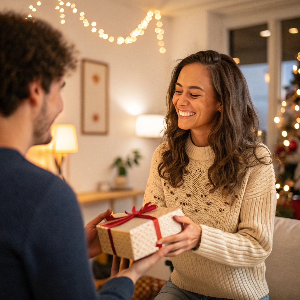 A joyful woman in cozy cream sweater smiles while receiving a wrapped gift box with red ribbon from her partner by Christmas tree and string lights—perfect Gift Ideas for Women for holidays.