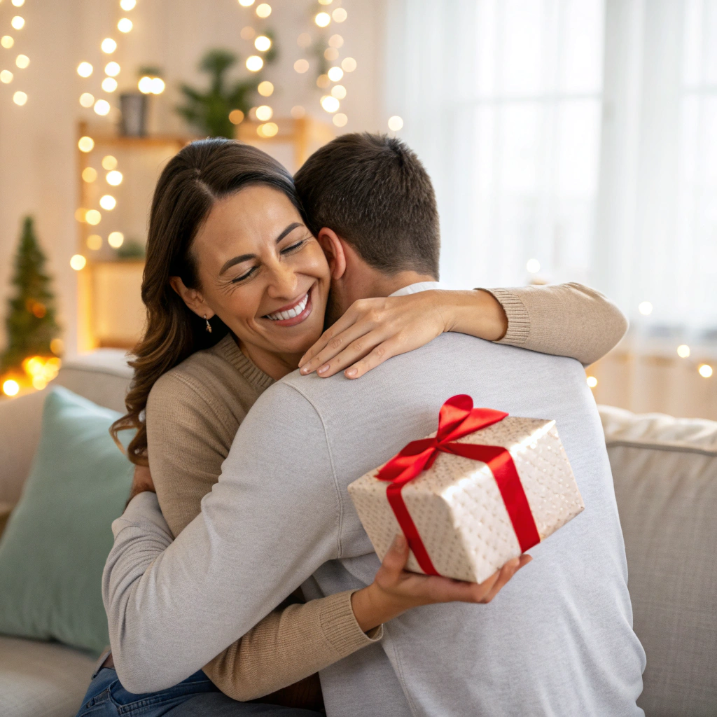 Happy couple embracing with a gift - smiling woman hugging her boyfriend from behind while holding a beautifully wrapped present with red ribbon, cozy living room with fairy lights and Christmas tree in the background, perfect inspiration for cheap valentines gifts for him that feel thoughtful and romantic.