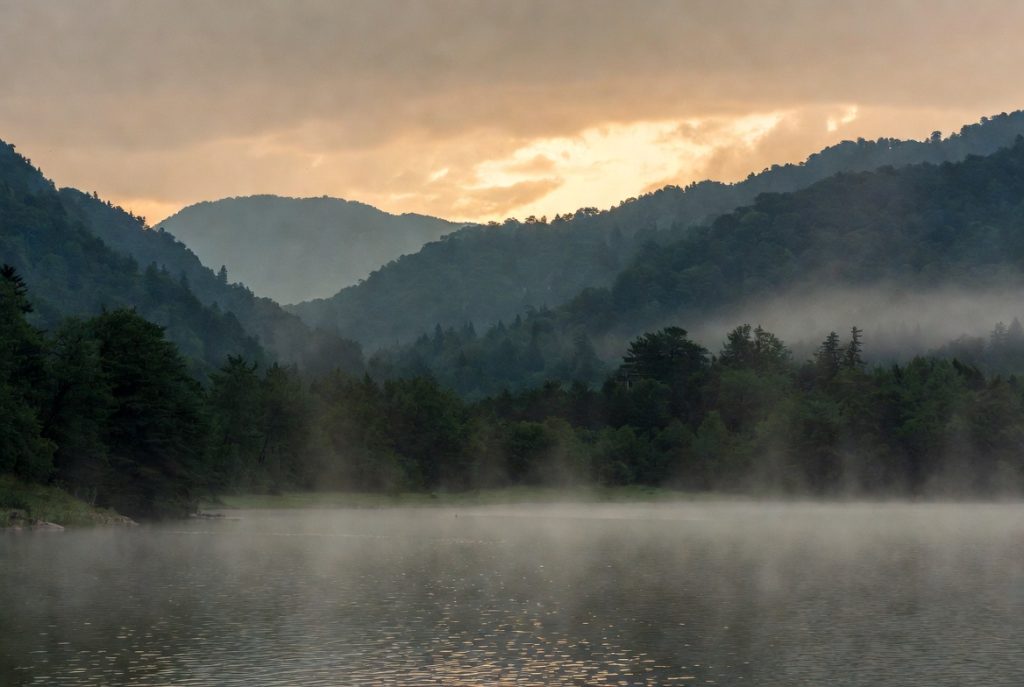Serene custom misty mountain lake nature art print bringing peace and outdoor wonder into everyday space for him